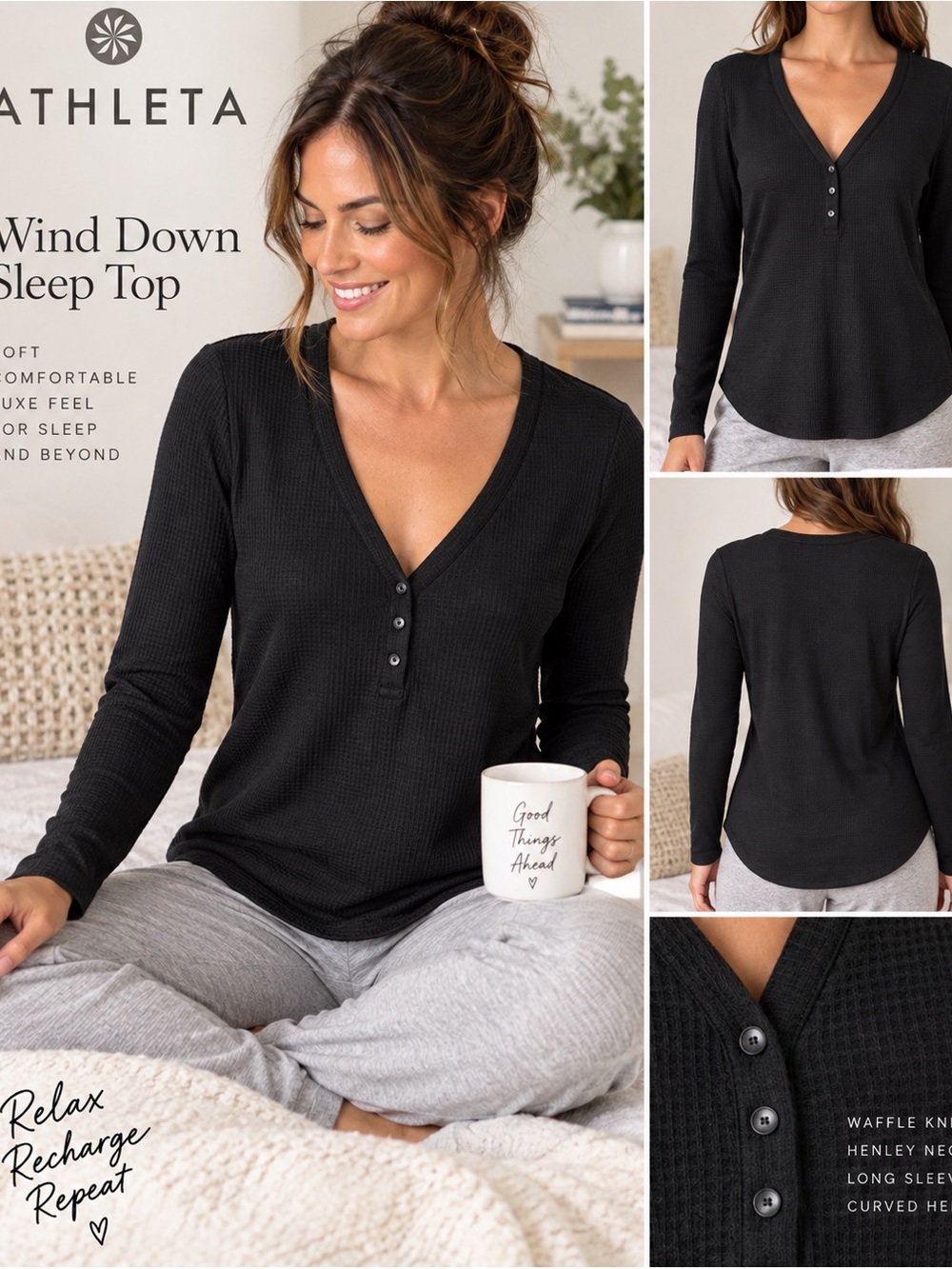 Athleta Wind Down Sleep Top Black Waffle Henley Long Sleeve S NWT